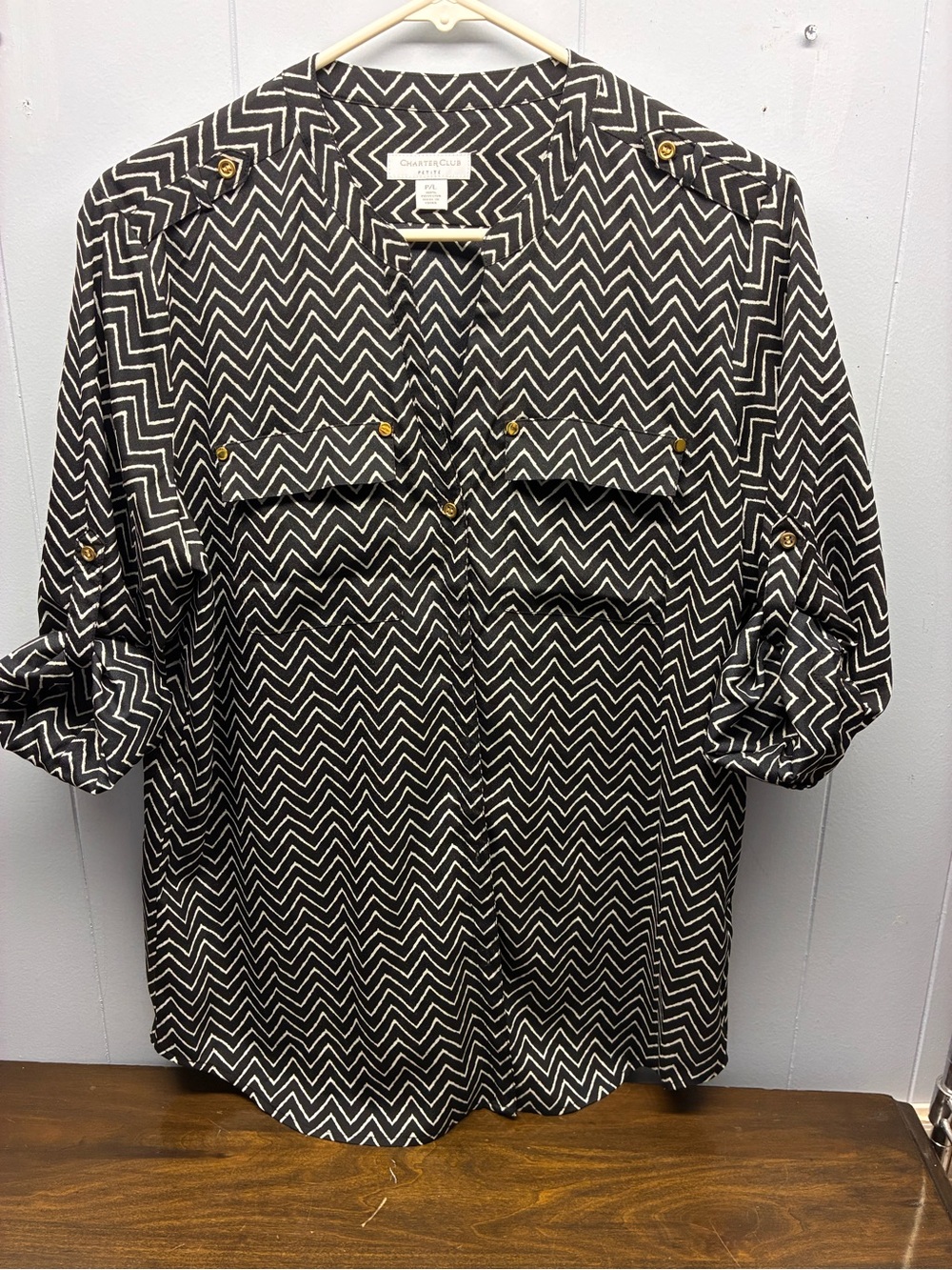 Charter Club Black & White Chevron Button-Front Blouse